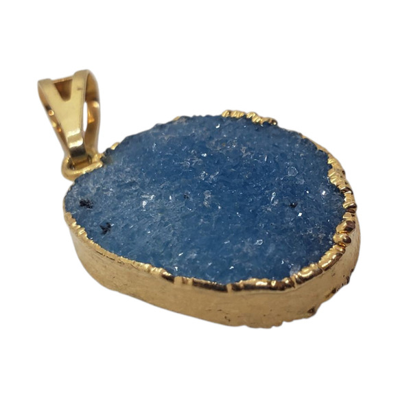 Blue Agate Druzy Slice Pendant Dipped in Real Gold Oval Natural Gemstone - Picture 5 of 9